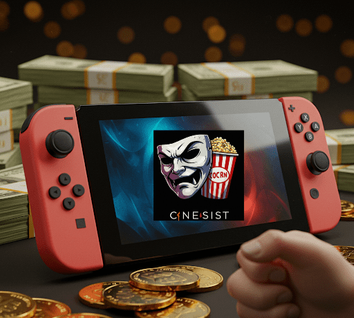 Frustrated hand near a Nintendo Switch 2 mock-up with gold coins and stacks of money, emphasizing a high price