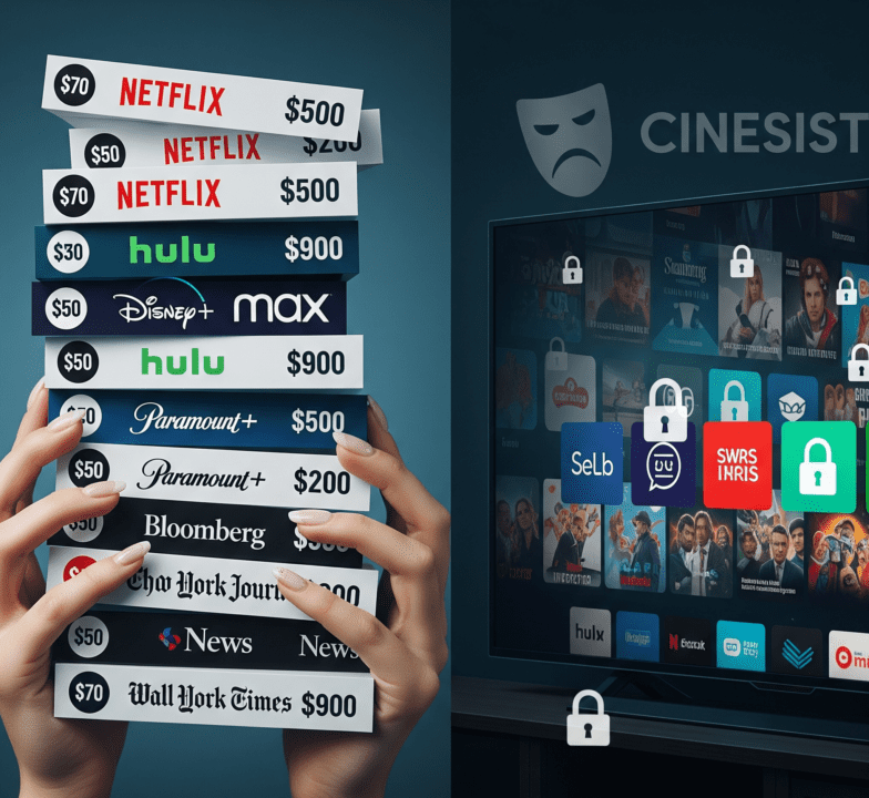 Hands struggling to hold a tall stack of digital bills with streaming service and news outlet logos like Netflix, HBO Max, NYT, and WSJ, against a background of a cluttered TV screen with app icons and padlocks. A Cinesist grumpy mask logo is in the corner.