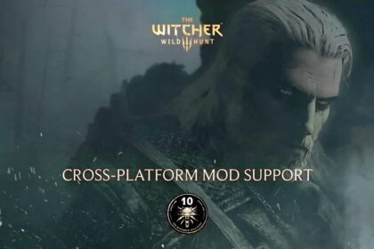 The Witcher 3 Wild Hunt logo with text "Cross-Platform Mod Support" featuring Geralt of Rivia
