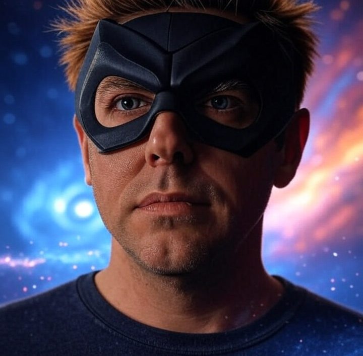 A man in a black superhero mask with a tired expression, against a cosmic, chaotic background.
