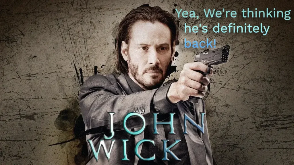 John Wick Movie Promo Artwork. Features Keanu Reeves as John Wick holding a handgun, with text and the John Wick Movie Logo