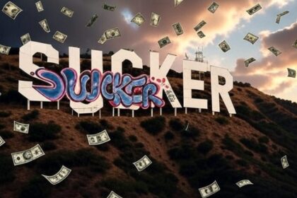 The iconic Hollywood sign on a hill, with the word "SUCKER" spray-painted in bold, graffiti-style letters across its face, while dollar bills rain down from a dramatic sky.