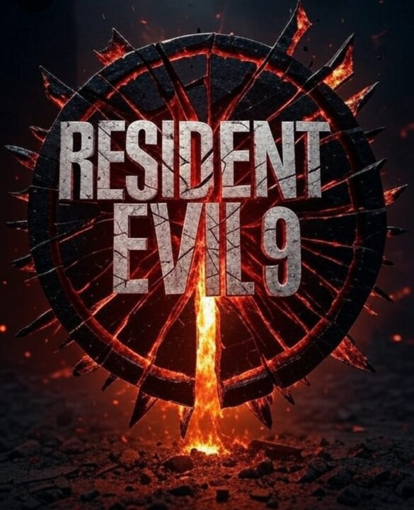 A circular, shattered Resident Evil 9 logo, with glowing cracks and molten core, surrounded by embers and fire on a dark, desolate ground, symbolizing the series being broken and in turmoil.