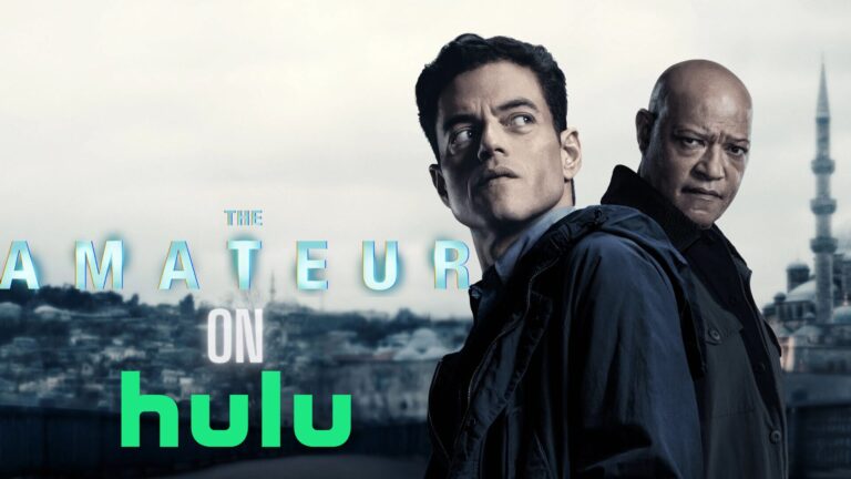 Rami Malek and Laurence Fishburne looking intense, with 'THE AMATEUR ON hulu' text overlaid, promoting the spy thriller.