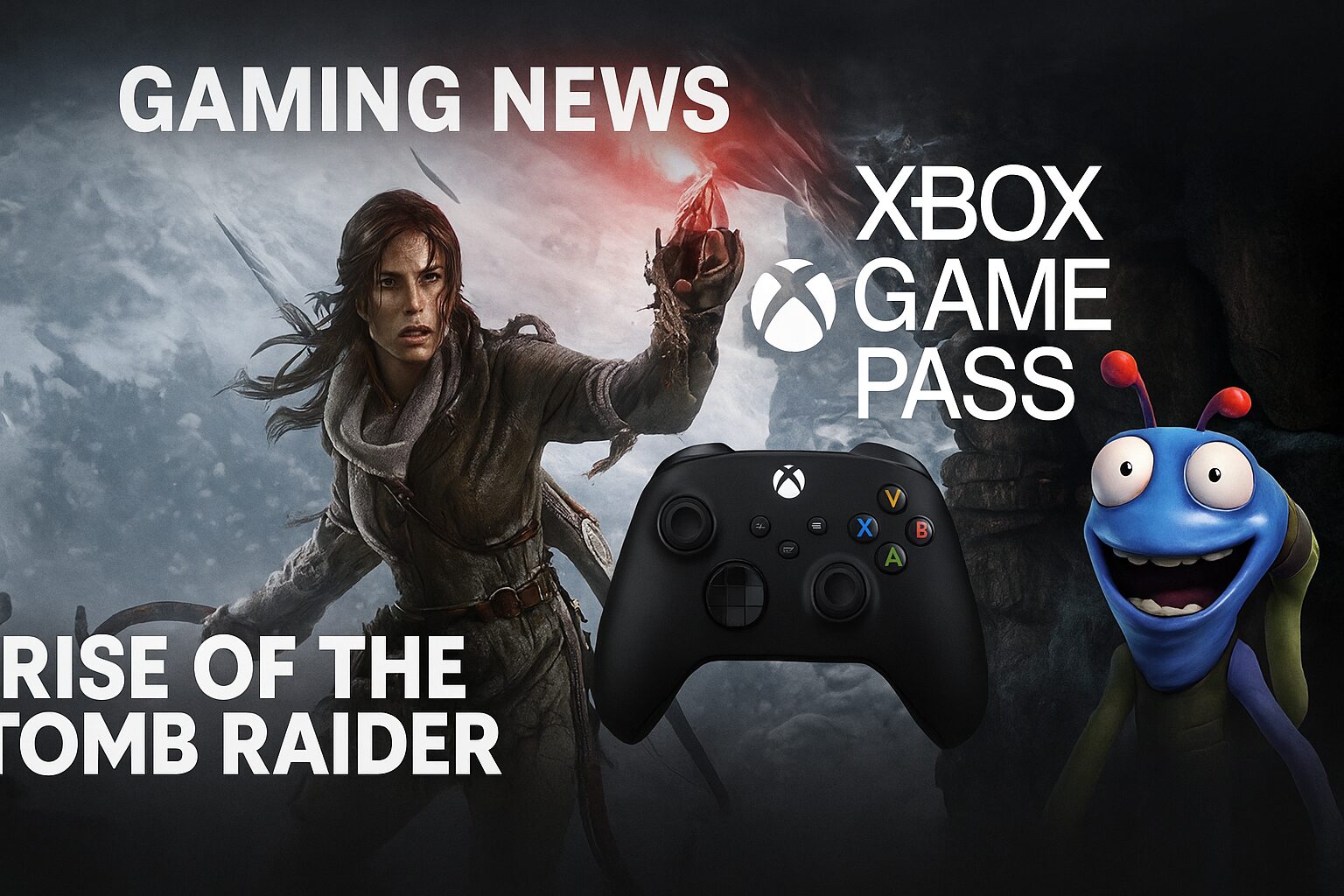 Xbox Game Pass logo featuring Rise of the Tomb Raider and an Alien from High on Life coming in July 2025
