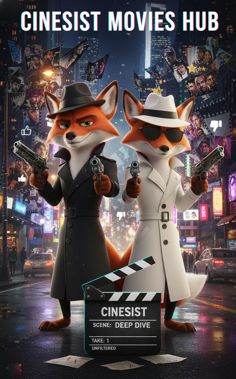 White Spy and Black Spy Cinefox dressed in their Spy clothes, but instead of at each other they are working together to bring the whole Cineverse together in the Movies. Features a Cityscape background with elements, like film reels, review stars, and thumbs up and thumbs down icons. The final detail is the Movie Clapper that says Cinesist, Deep Dive Take 1. Used to represent the Movie Hub on Cinesist.com