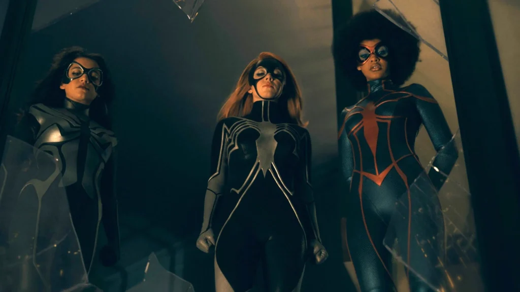 Sydney Sweeney, Isabela Merced, Celeste O'Connor in their Spider costumes, during a scene from Madame Web.